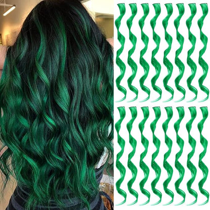 16 Pcs Colored Hair Extensions Curly Wavy Clip in Synthetic Hairpiece Streak for Girls Women Kids, Multi-colors St. Patrick's Day Party Highlights Cosplay Festival Gift(Green)