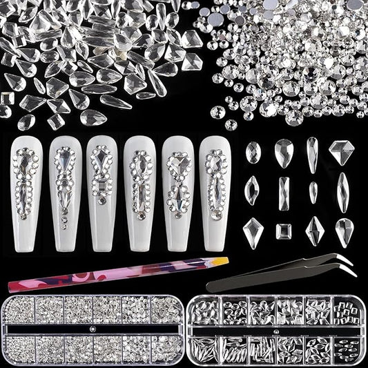 Multi Shapes Transparent White 3D Glass Crystal Nail Art Rhinestones Kit with Flatback Round Bead Charm Gem Stone Jewelry Diamond with Pickup Pen + Tweezer for Manicure Makeup DIY Craft Decoration