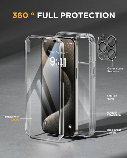 Miracase Glass Series for iPhone 15 Pro Max Case 6.7 Inch, Full-Body Drop Proof Phone Case for iPhone 15 Pro Max with Built-in 9H Tempered Glass Screen Protector + Camera Protector, Clear