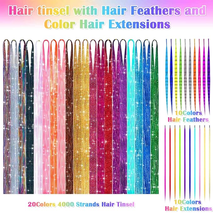 20 Colors Hair Tinsel with Hair Feathers & Colorful Hair Extensions, 48 Inch Sparkle Hair Glitter Strands with Colored Hair Feathers Extensions Kit for Women Girls Kids Party Festival