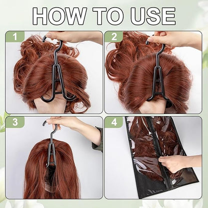 2Packs Hanging Wig Stand 2packs Wig Storage Bags Dust-proof Wig Bags With Hanger With Clear Zipper Closure for Multiple Wigs Hats and Hair Extensions Accessories (White stand-Black bag)