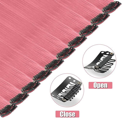 12 PCS Rose Pink Hair Extensions Clips In, Straight Pink Clip Colored Party Highlights Accessories for Women Grils Synthetic Hairpiece Straight 20 Inch