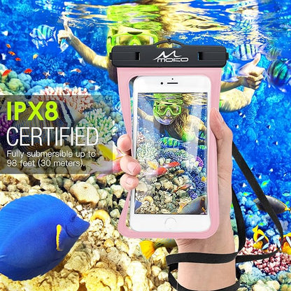 MoKo Waterproof Phone Pouch Holder, Cellphone Case Dry Bag with Lanyard Armband Compatible with iPhone 16 15 14 13 12 11 Pro Max X/Xr/Xs Max/SE 3, Samsung S24/S23/S21/S20/S10/S9, Pearly Pink