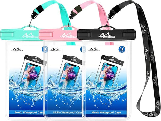 MoKo Waterproof Phone Pouch 3Pack, Underwater Phone Case Dry Bag with Lanyard Compatible with iPhone 16 14 13 12 11 Pro Max X/Xr/Xs Max/SE 3, Galaxy S21/S10/S9, Note 10/9/8
