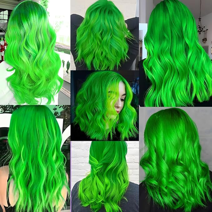 10 PCS Green Hair Extensions, Curly Wavy Synthetic Hairpieces Clip in Rainbow Neon Party Highlights, Colorful Hair Accessories for Kids Girls Women 17 Inch