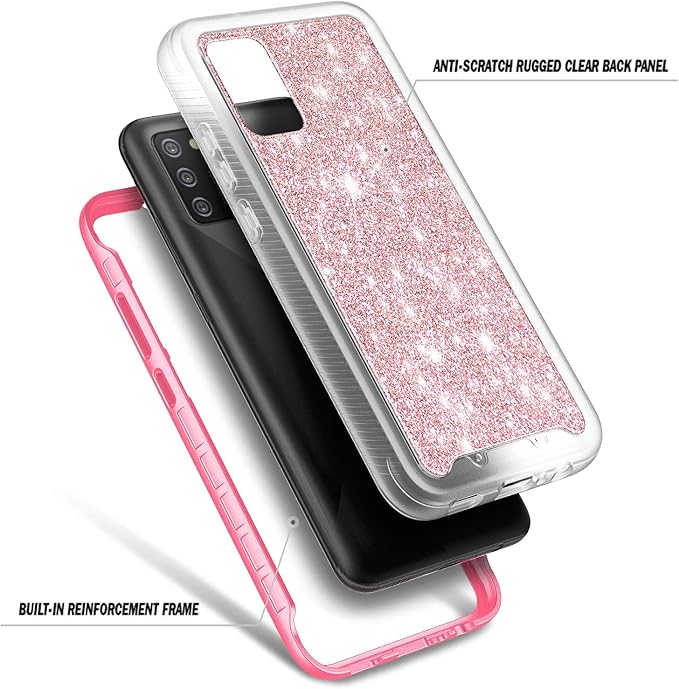 NZND Case for Samsung Galaxy A03S with [Built-in Screen Protector], Full-Body Protective Shockproof Rugged Bumper Cover, Impact Resist Phone Case (Glitter Rose Gold)