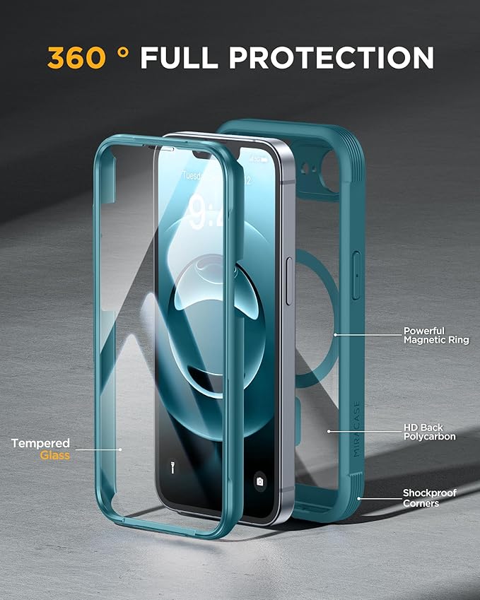 Miracase Magnetic for iPhone 16e Case Full-Body Phone with Built-in Glass Screen Protector, [Compatible with MagSafe] Military Drop Proof 16E Cover Bumper 6.1 inch, Green
