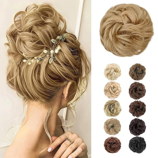MORICA 1PCS Messy Hair Bun Hair Scrunchies Extension Curly Wavy Messy Bun Hair Synthetic Chignon Hairpieces for Women(24(Natural Blonde))