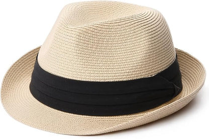 FURTALK Fedora Straw Sun Hat for Men Women Foldable Roll Up Short Brim Trilby Hat Panama Beach Hat UPF 80+