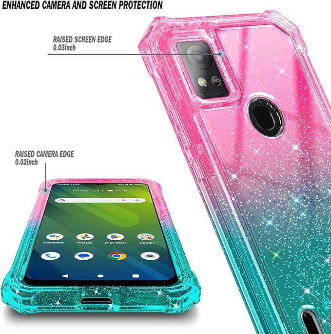 Designed for Cricket Icon 5 Case, AT&T Motivate 4 Phone Case with [Built-in Screen Protector], [5.5FT Mil-Grade Drop Tested] Full-Body Protective Shockproof Bumper Case (Glitter Pink/Aqua)