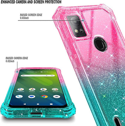 Designed for Cricket Icon 5 Case, AT&T Motivate 4 Phone Case with [Built-in Screen Protector], [5.5FT Mil-Grade Drop Tested] Full-Body Protective Shockproof Bumper Case (Glitter Pink/Aqua)
