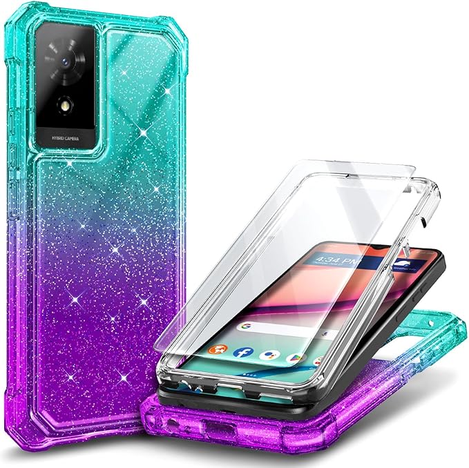 Designed for TCL K32 5G Phone Case with Screen Protector, [Raised Corners Drop Protection] Full-Body Protective Shockproof Rugged Bumper Cover (Glitter Aqua/Purple)
