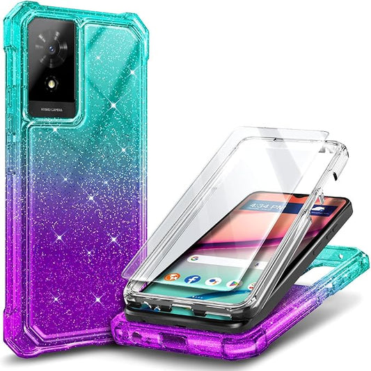 Designed for TCL K32 5G Phone Case with Screen Protector, [Raised Corners Drop Protection] Full-Body Protective Shockproof Rugged Bumper Cover (Glitter Aqua/Purple)