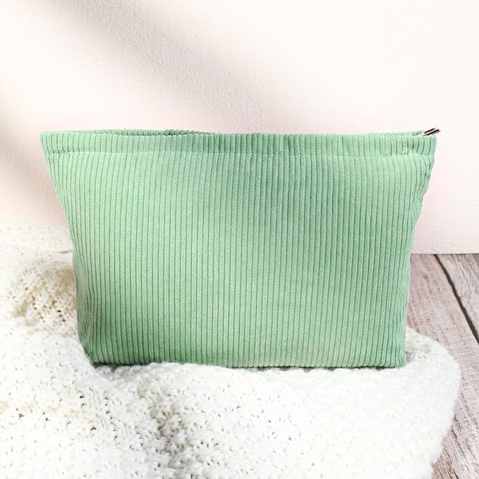 2 Pcs Corduroy Makeup Bag Large Cosmetic Bag Toiletry Bag Makeup Pouch Travel Bag Organizer Cute Makeup Brushes Aesthetic Accessories Storage Bag for Women Green