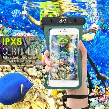 MoKo Waterproof Phone Pouch Holder, Underwater Cellphone Case Dry Bag with Lanyard Armband Compatible with iPhone 16 15 14 13 12 11 Pro Max X/Xr/Xs Max/SE 3, Samsung S24/S23/S21/S20/S10/S9, Army Green