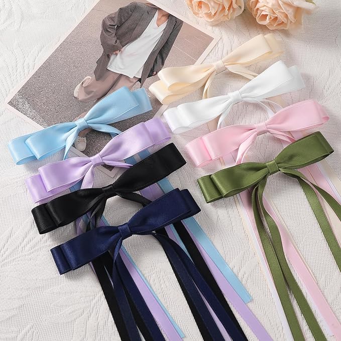 10 PCS Satin Hair Accessories: Double Hair Ribbon Ponytail Holders, Metal Hair Clips and Bows for Women and Girls in Black and White
