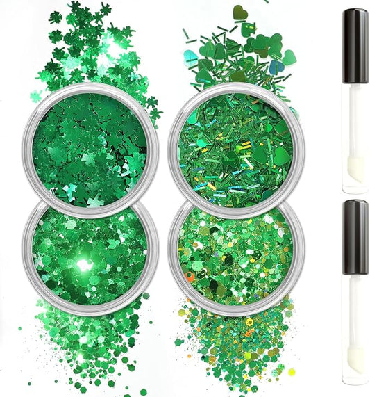 Allstarry Green Body Glitter, 4 Colors Cosmetic Green Face Glitter, Shamrock Face Eyeshadow Makeup Hair and Eye Glitter St Patricks Day Accessories Green Makeup Shamrock Decorations