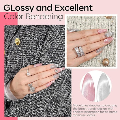 modelones Cat Eye Gel Nail Polish, 2 PCS 15ML Pink Sliver Holographic 9D Cat Eye Glitter Multichrome Silver Pink Shades Polish with Magnet Soak Off Led Nail Art Gel DIY Salon Gift