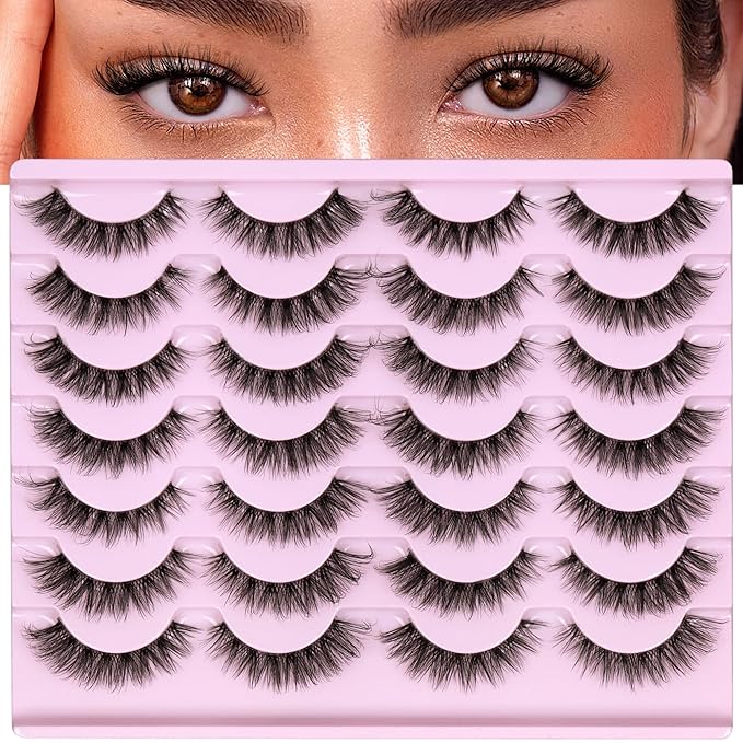 Newcally Lashes Mink False Eyelashes Natural Look Wispy Clear lash Band Fake Eyelashes Volume 3D Curly Strip Volume Cat Eye Lashes Pack 14 Pairs