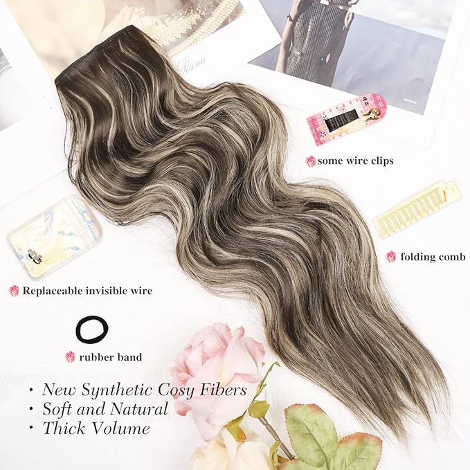 MORICA Invisible Wire Hair Extensions - 20 Inch Chocolate Brown Mix Ash Brown Long Wavy Synthetic Hairpiece with Transparent Wire Adjustable Size, 4 Secure Clips for Women