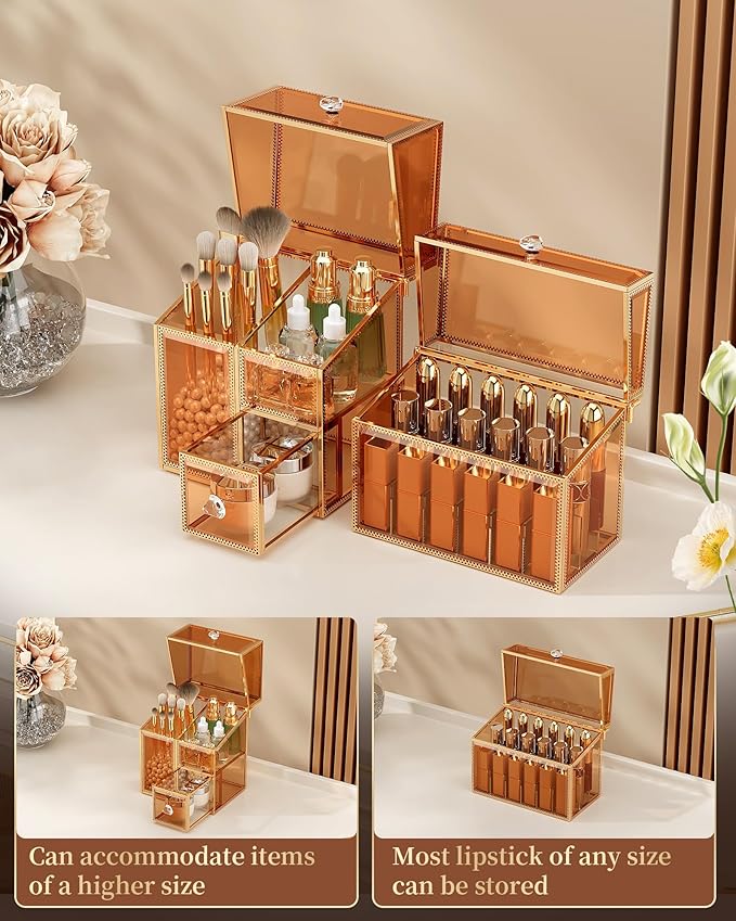Makeup Organizer Countertop Set – Vanity Holder with 18-Slot Lipstick Organizer & Covered Makeup Brush Holder – Skincare, Perfume & Cosmetic Display for Bathroom or Dresser