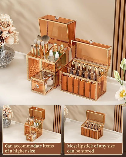 Makeup Organizer Countertop Set – Vanity Holder with 18-Slot Lipstick Organizer & Covered Makeup Brush Holder – Skincare, Perfume & Cosmetic Display for Bathroom or Dresser