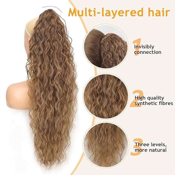 ORSUNCER Ponytail Extension Claw 30" Curly Pony Tail Clip in Claw Hair Extensions Fluffy Natural Looking Synthetic Hairpiece for Women Omber Brown