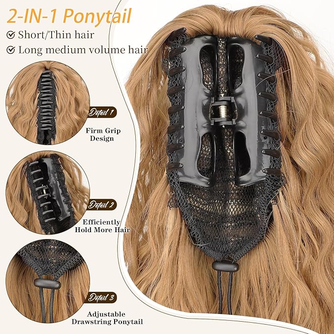 ORSUNCER Ponytail Extension Claw 30" Curly Pony Tail Clip in Claw Hair Extensions Fluffy Natural Looking Synthetic Hairpiece for Women Blonde Highlight