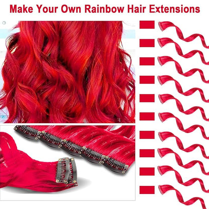 10 PCS Red Hair Extensions, Curly Wavy Synthetic Hairpieces Clip in Rainbow Neon Party Highlights, Colorful Hair Accessories for Girls Women 17 inch (Red)
