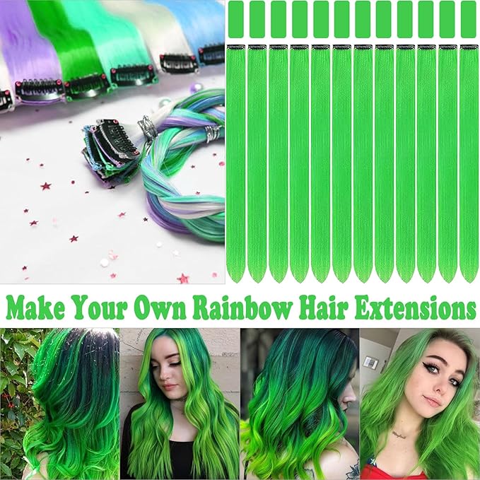 12 PCS Green Hair Extensions Clip in, 22 Inch Colored Hair Accessories Party Highlights Long Straight Synthetic Hairpieces for Women Kids Girls