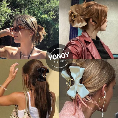 3PCS Metal Claw Hair Clips for Women & Girls - Premium Bow-knot Nonslip Claw Clips for Thick & Thin Hair, Big Bows (Black, White, Khaki)