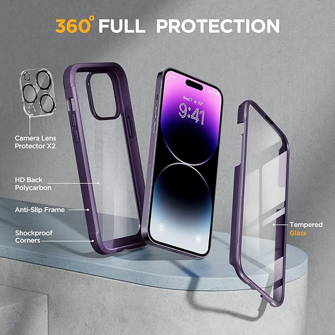 Miracase Glass Series for iPhone 14 Pro Case 6.1 Inch, Full-Body Protective Anti Slippery Case with Built-in 9H Tempered Glass Screen Protector, with Camera Lens Protector (Purple)