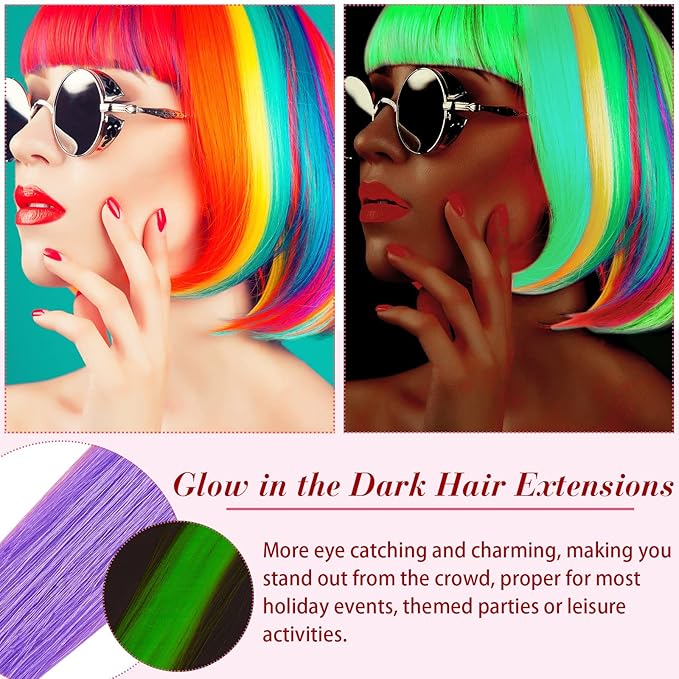 20 Pcs Glow in the Dark Colored Hair Extensions Clip 20 Inch Rainbow Party Hairpiece for Women, 10 Color(Multicolor)