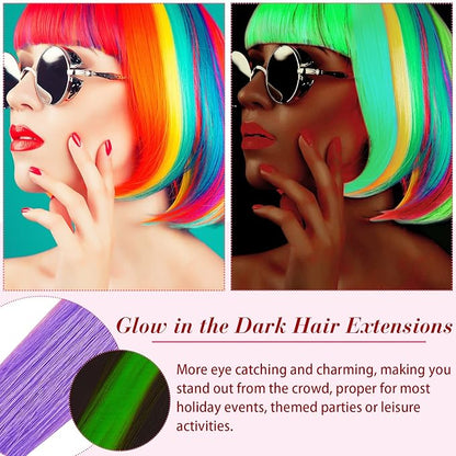 20 Pcs Glow in the Dark Colored Hair Extensions Clip 20 Inch Rainbow Party Hairpiece for Women, 10 Color(Multicolor)