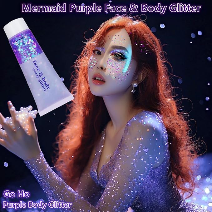 Go Ho Lavender Purple Face Body Glitter Gel,Mardi Gras Outfit for Women Kids,Holographic Mermaid Chunky Sequins Glitters for Eye Lip Hair Nails,Festival Rave Accessories,52g