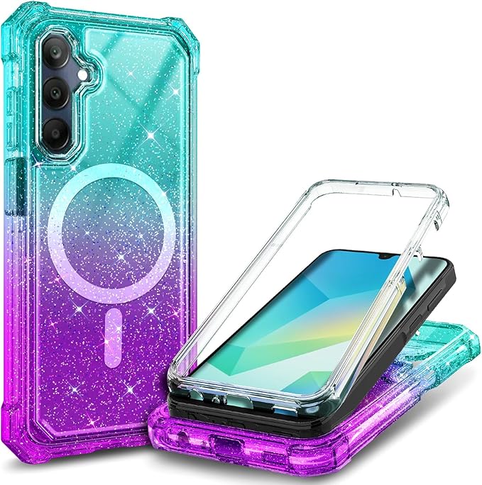 Designed for Samsung Galaxy A36-5G Phone Case, Magnetic Compatible with MagSafe, [Raised Corners Drop Protection] Shockproof Protective Bumper Cover (Glitter Aqua/Purple)