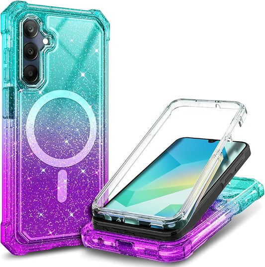 Designed for Samsung Galaxy A36-5G Phone Case, Magnetic Compatible with MagSafe, [Raised Corners Drop Protection] Shockproof Protective Bumper Cover (Glitter Aqua/Purple)