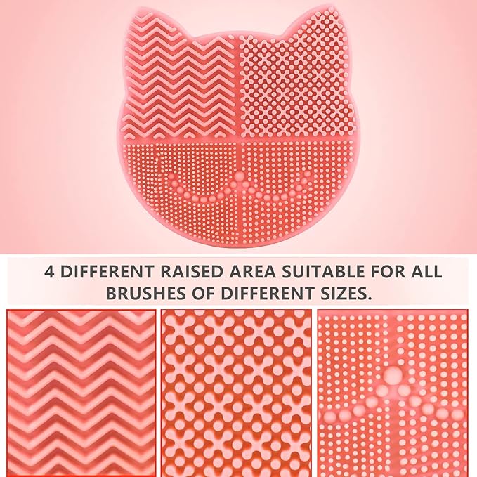 Silicon Makeup Brush Cleaner Mat with Drying Holder - Portable Cat Shaped Cosmetic Brush Cleaner Pad - New Orange