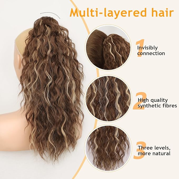 ORSUNCER Ponytail Extension Claw 18" Curly Pony Tail Clip in Claw Hair Extensions Fluffy Natural Looking Synthetic Hairpiece for Women Blonde Highlight