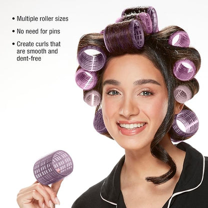 Conair Heatless Curls Hair Roller - 31 Count, Assorted sizes & Colors - Pink, Gray & Purple - Overnight Curl Rollers w/storage case