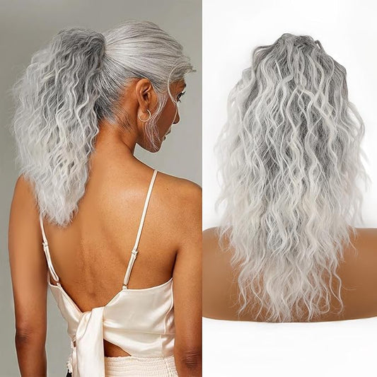 ORSUNCER Ponytail Extension Claw 18" Curly Pony Tail Clip in Claw Hair Extensions Fluffy Natural Looking Synthetic Hairpiece for Women Omber Grey