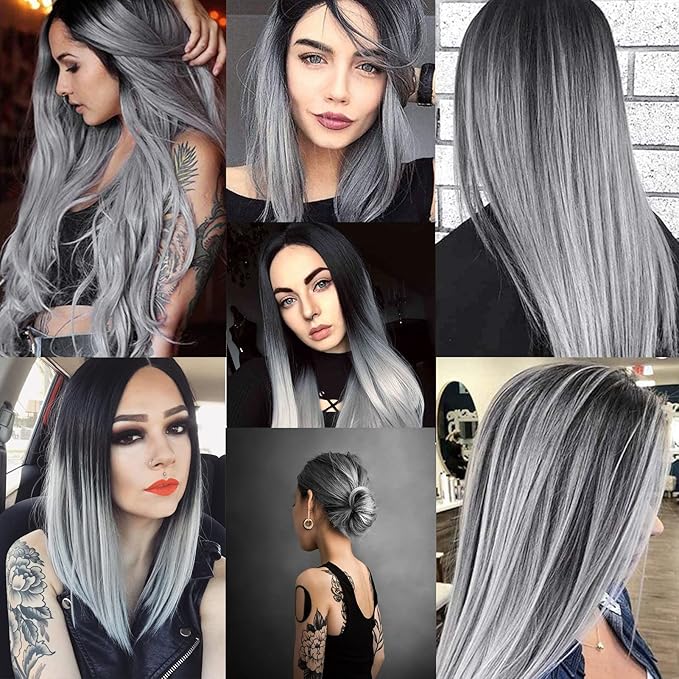 12 PCS Grey Hair Extensions Clip in, 22 Inch Colored Hair Extensions Party Highlights Long Straight Synthetic Hairpieces for Women Kids Girls Cosplay