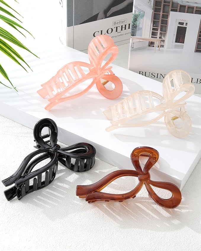4 PCS Bow Hair Clips Bow Claw Clip for Women Nonslip Large Hair Claw Clips for Thin and Thick Hair Strong Hold Hair Bows (Orange+Coffee+Black+Champagne)