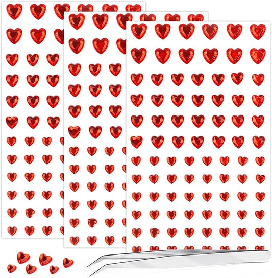 264Pcs Heart Face Gems Love Gems, Self-Adhesive Face Jewels Rhinestones 5/7/10 mm DIY Face Gems Stick on, Valentine Makeup Gems Rave Accessories for Face Eyes Hair Makeup Body, Crafts (red)