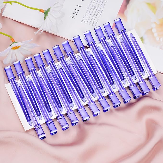 24 Packs Duck Bill Clips, Bantoye 3.35 Inches Rustproof Metal Alligator Curl Clips with Holes for Hair Styling, Hair Coloring, Bright Purple