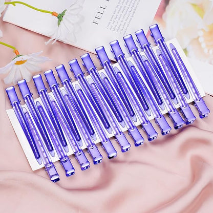 24 Packs Duck Bill Clips, Bantoye 3.35 Inches Rustproof Metal Alligator Curl Clips with Holes for Hair Styling, Hair Coloring, Bright Purple