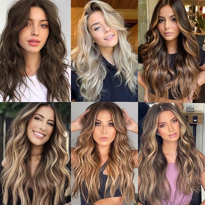 4PCS Clip in Hair Extensions 20 Inches Long Blonde Soft Wavy Clip in Synthetic Hair Extensions for Women (Ombre Chocolate Brown Mix Ash Blonde, R6/88#)