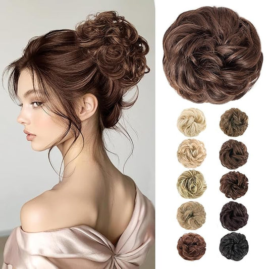 MORICA 1PCS Messy Hair Bun Hair Scrunchies Extension Curly Wavy Messy Bun Synthetic Chignon Hairpieces for Women (4/30#(Dark Brown & Light Auburn Mixed))