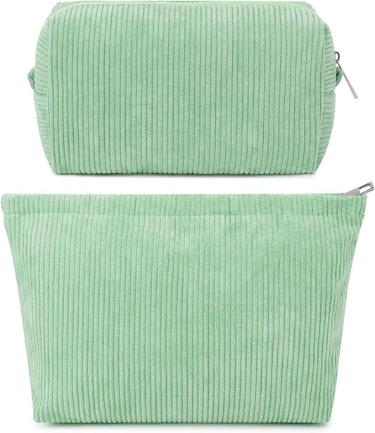 2 Pcs Corduroy Makeup Bag Large Cosmetic Bag Toiletry Bag Makeup Pouch Travel Bag Organizer Cute Makeup Brushes Aesthetic Accessories Storage Bag for Women Green