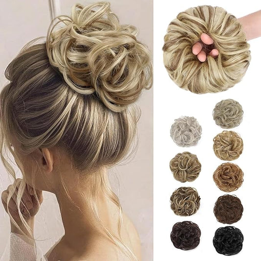 MORICA 1PCS Messy Hair Bun Hair Scrunchies Extension Curly Wavy Synthetic Chignon Hairpieces for Women(86H10#(Light Blonde & Light Brown))
